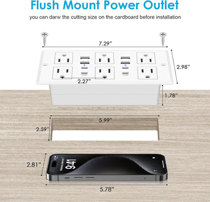 30W Recessed Power Strip USB C, Desk Flush Mount Outlet Plug in 6 AC & 8 USB Ports for Furniture Conference Power Hub, 6FT