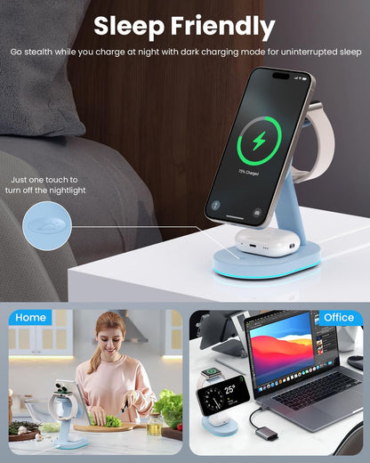 3 in 1 Wireless Charger Charging Station for iPhone,Qi2 Certified 15W Magnetic Charging Stand for Mag-Safe with 30W USB C Adapter&Friendly Night Light for iPhone 16/15/14/13/12,Apple Watch,AirPods