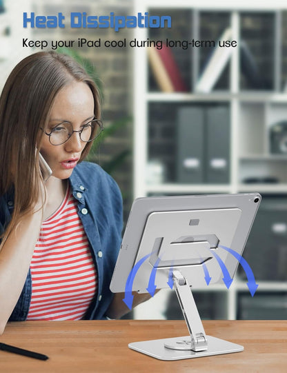 Tablet Stand Holder with 360°Rotating Base - Adjustable Aluminum Desktop Stand for iPad Holder for Desk Compatible with 4-13" Tablets, Silver