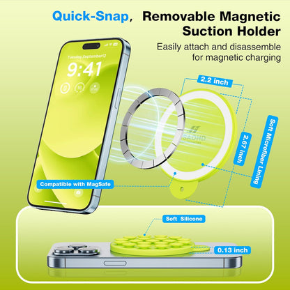 Magnetic Suction Cup Phone Mount for MagSafe Case, Silicone Hands-Free Grip Holder for iPhone and Android, Mirror Shower Phone Stand for Makeup FaceTime Gym Kitchen Bathroom, Neon Yellow