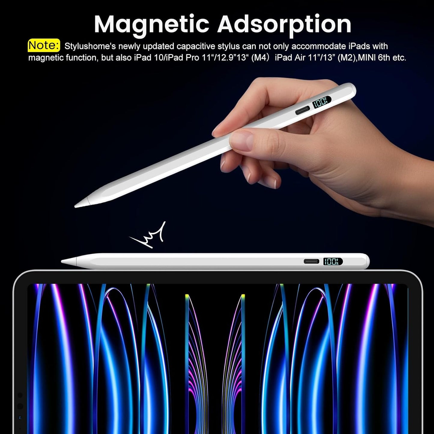 Stylus Pen for iPad M3/M4/9/10th Generation, LED Display Fast Charge Pencil Compatible with Apple iPad Pro A16 6th/7th/8th, Air 5/4/3, Mini 7/6/5(Tilt Sensitivity, Pixel Precision, Palm Rejection)