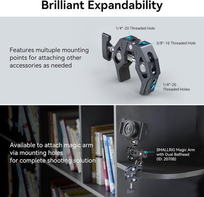 SMALLRIG Clamp, Camera Mount Clamp, Crab-Shaped Super Clamp with 1/4"-20, 3/8"-16 Threaded Holes, Payload 7.7lbs/3.5kg, for Most Photographic Accessories