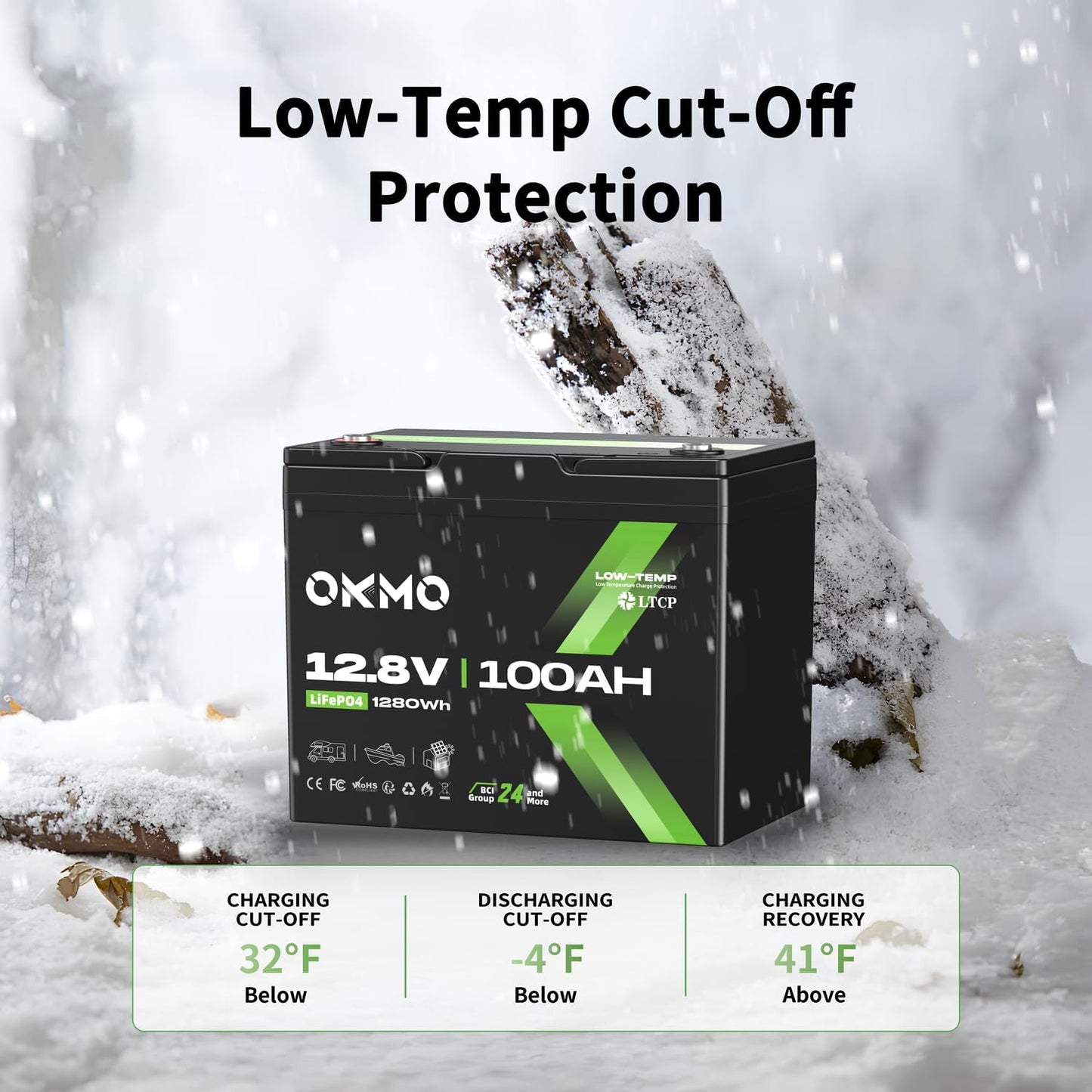 OKMO 12V 100Ah LiFePO4 Battery,Group 24 Lithium Battery 100A BMS，10 Years Lifetime 15000+ Deep Cycles,for Marine, RV, Trolling Motor, Boat, Camper, Solar Home Storage Iron Phosphate Battery