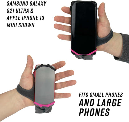 Noxgear Hand Held Phone Holder - Handheld Grip Phone Holder with Key Fob & Card Slot for Running, Jogging & Working Out - Compatible with All Phones - Machine Washable (Raspberry, Left Hand)