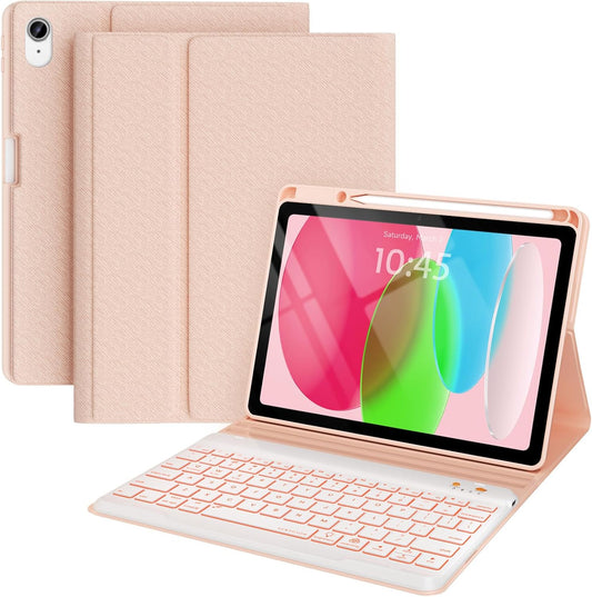BLUTLOTUS for iPad 11th A16 10th Generation Case with Keyboard - 7 Colors Backlit Wireless Detachable Folio Keyboard Cover with Pencil Holder for iPad 11'' A16 2025 10th Gen 10.9 Inch 2022 (Pink)