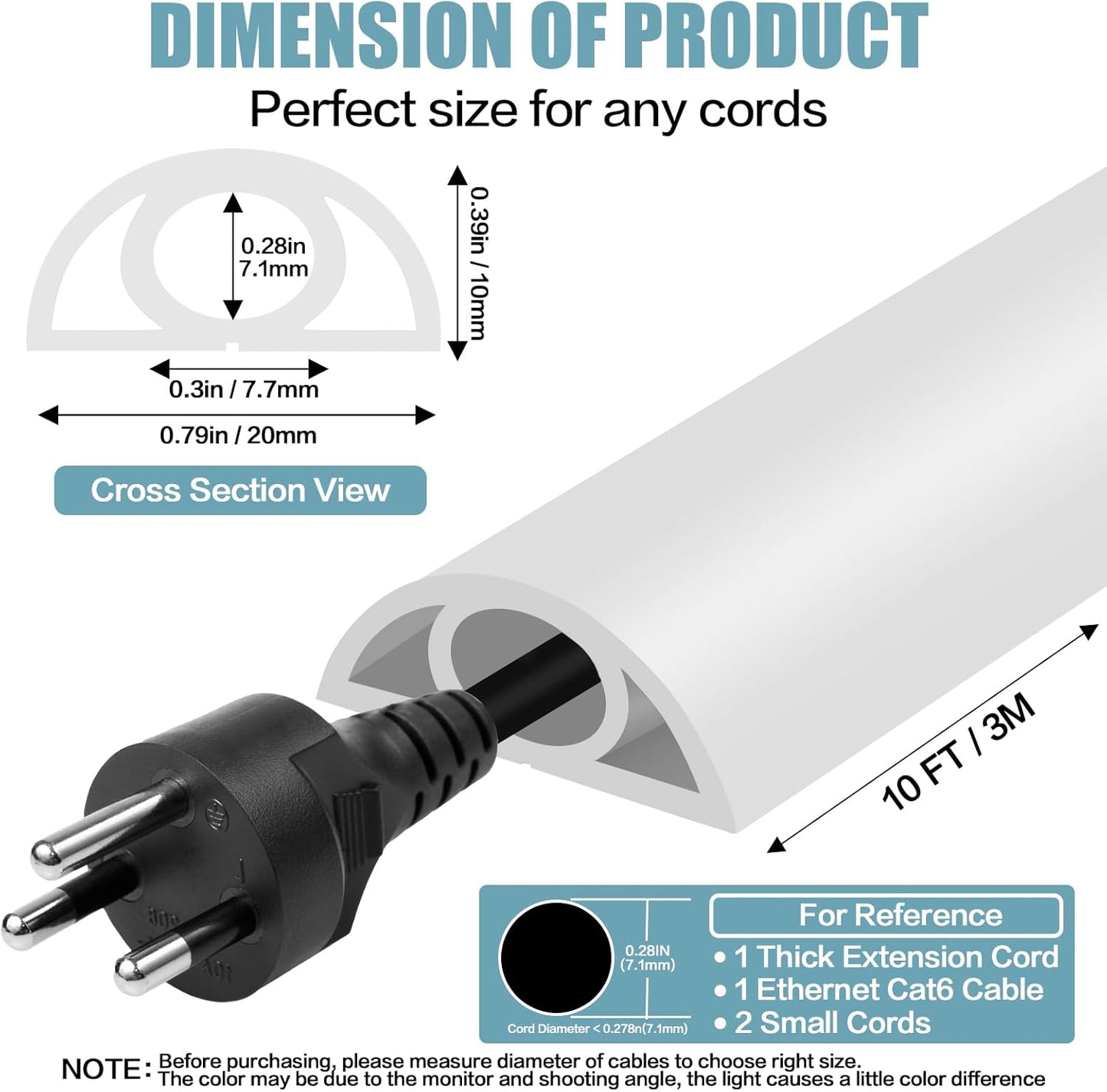 Floor Cord Cover Self Adhesive Cord Hider,10FT Cable Management, Extension Strip Protector for Wires, Prevent Cable Trips for Offices, Gyms, Exhibitions Cavity:0.3"(W) x 0.28"(H) White