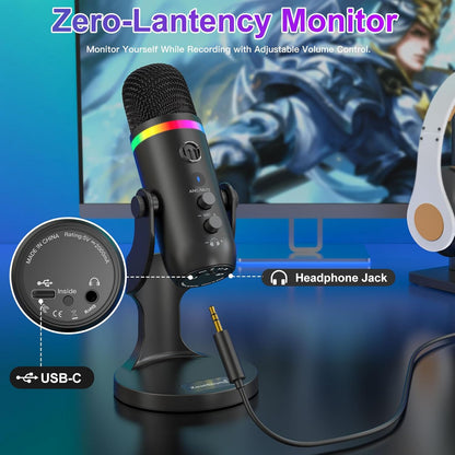 ZealSound USB Microphone for iPhone,Noise Cancellation Condenser mic with Touch Mute,Gain,Echo,Monitoring,RGB for iPad,PC,Podcast,Streaming,Twitch,YouTube,Discord,Computer,PS4,PS5,Mac,GamerWave K66