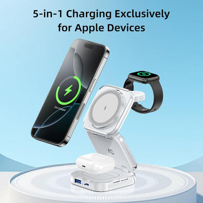 5-in-1 Wireless Charger for MagSafe, AC ISLAND Portable Travel Charging Station, 15W Max Fast Foldable Magnetic Stand, Evolved for iPhone 17/16/15/14/13 Series, Apple Watch, AirPods (with 35W Adapter)