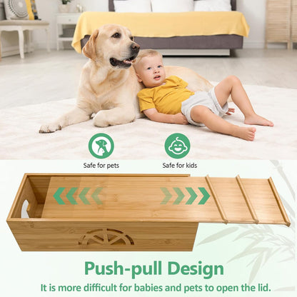 Bamboo Cable Management Box,Extra Large Cord Organizer Box,Power Strips Hider,Plug Strip Cord Box,Outlet Holder,Cords Concealer,Wires Covers,Desk & Floor Tidy Solution (Sliding lid)