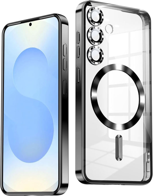 Slim Thin for Samsung Galaxy S25 Case, Compatible with MagSafe, Built-in Camera Lens Protector, Shockproof Protective Phone Case, Soft Electroplated Clear Phone Cover, Black