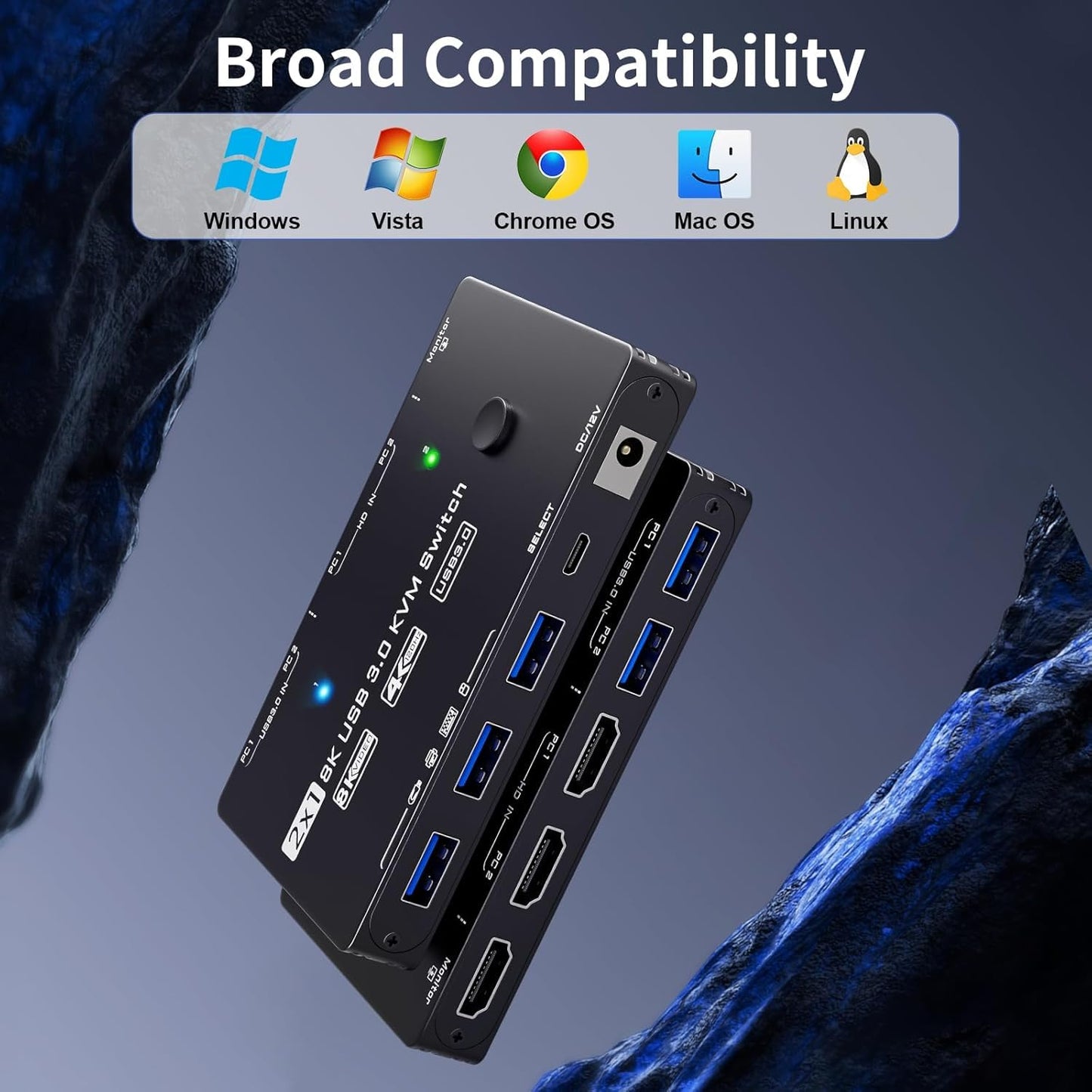 KVM Switch 1 Monitor 2 Computers 8K@60Hz, HDMI KVM Switches for 2 PC Sharing Single Monitor and Keyboard Mouse with Power Adapter, Wired Extend Controller and USB3.0 Cables