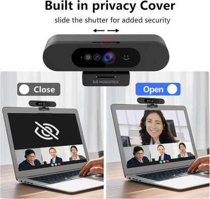 Window Hello Webcam, 1080P 30fps Camera with Noise-reducing Mic, Plug & Play, 90° Wide Angle, Built-in Privacy Cover, 360° Rotation Pan & 90° Tilt, Perfect for Zoom, Google Meet, Microsoft Teams