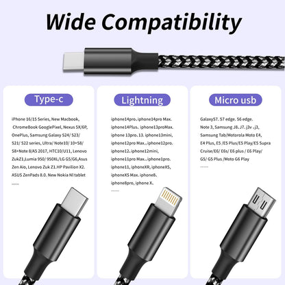 100W USB C Cable, Multi Charging Cable Fast Charging 5FT, 3 in 1 USB C Charger Cable with E-Mark Chip, Multi Charger Cord with Type-C, Micro USB, IP Port for iPhone16/15/MacBook/iPad/Samsung (1Pack)