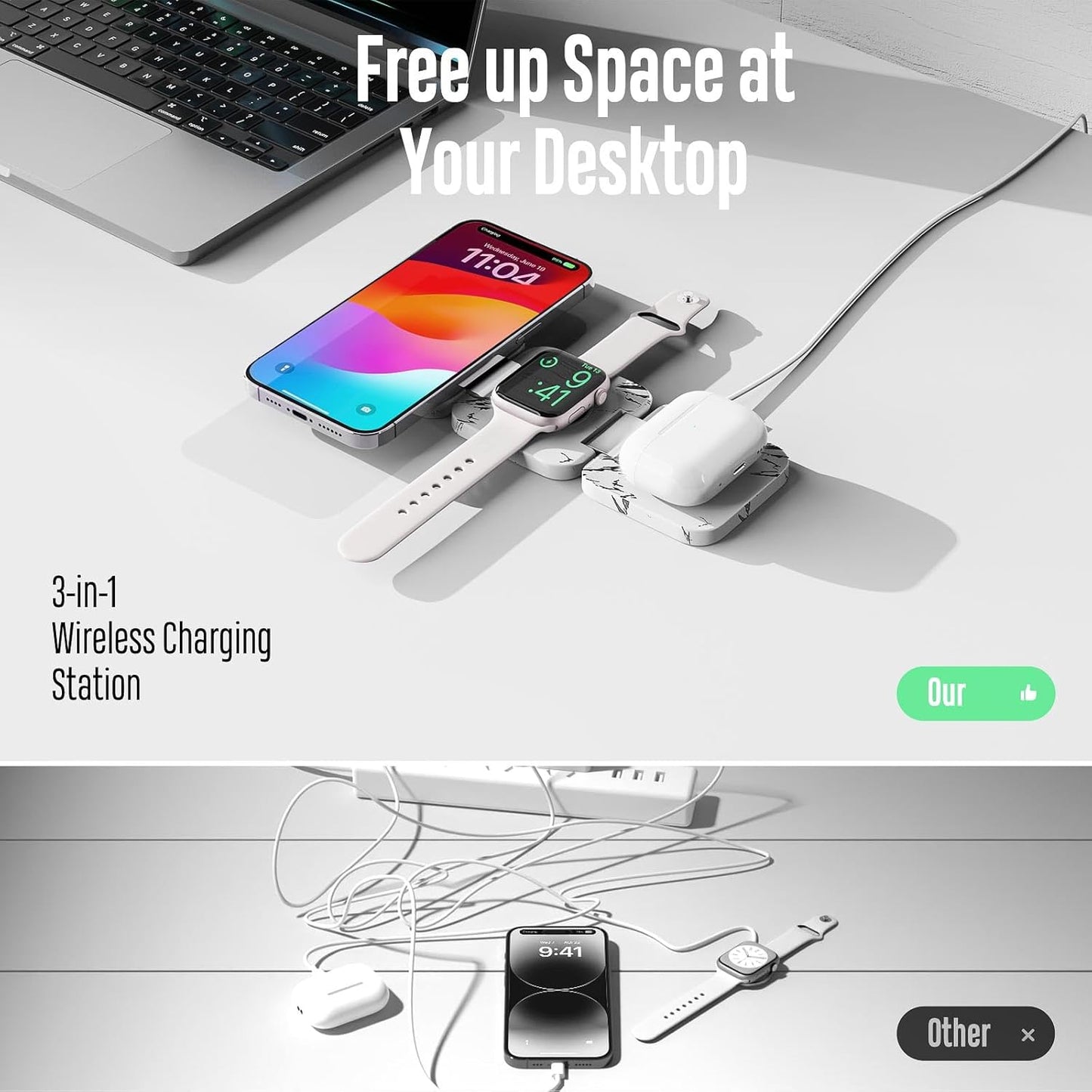 Fast Wireless Charger, Magnetic Foldable 3 in 1 Charging Station for iPhone 16/15/14/13/12/Pro/Plus/Pro Max, 5W Portable Charger for Apple Watch9/8/7/6/5/4/SE, for Airpods