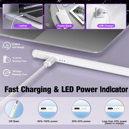 2Pack Stylus Pencil for iPad A16/11th Gen(2018-2025),Fast Charging Pen with Palm Rejection&Tilt Sensitivity Compatible with iPad 6/7/8/9/10/11,iPad-Pro 11"/12.9"/ M4, iPad-Air 3/4/5/M2/M3,Mini 5/6/7