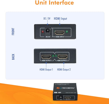 4K@60 HDMI Splitter 1 in 2 out 1X2 Powered Splitter for Dual Monitors by J-Tech Digital [JTD-MINI-1X2SP]