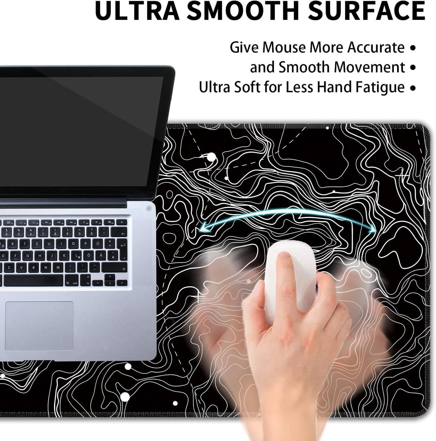 Black with White Topographic Line Large Mouse Pad,Gaming Keyboard Desk Pad,Extended Mouse Mat Non-Slip Rubber Base with Stitched Edges for Office Game Home XL 31.5"x11.8"