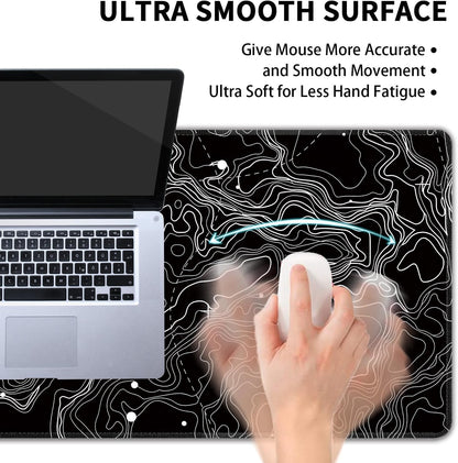 Black with White Topographic Line Large Mouse Pad,Gaming Keyboard Desk Pad,Extended Mouse Mat Non-Slip Rubber Base with Stitched Edges for Office Game Home XL 31.5"x11.8"