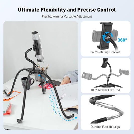 AboveTEK iPad Holder for Bed, Adjustable Tablet Bed Stand Mount, 360° Hands-Free Kindle Holder for Reading in Bed, Compatible w/ 4.7"-15.6" Tablets/iPads/Kindles/Phones/Samsung - Durable & Flexible