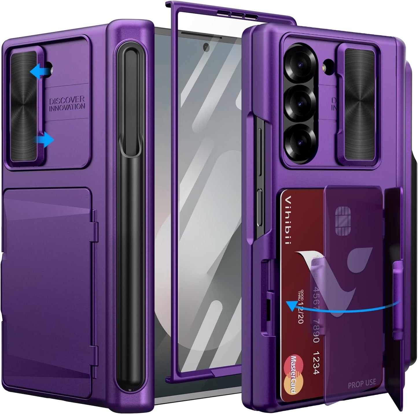 Vihibii for Samsung Galaxy Z Fold 6 Case with S Pen Holder & Card Holder & Slide Camera Cover & Screen Protector & Hinge Protection, Heavy Duty Rugged Wallet Case for Galaxy Z Fold 6, Dark Purple