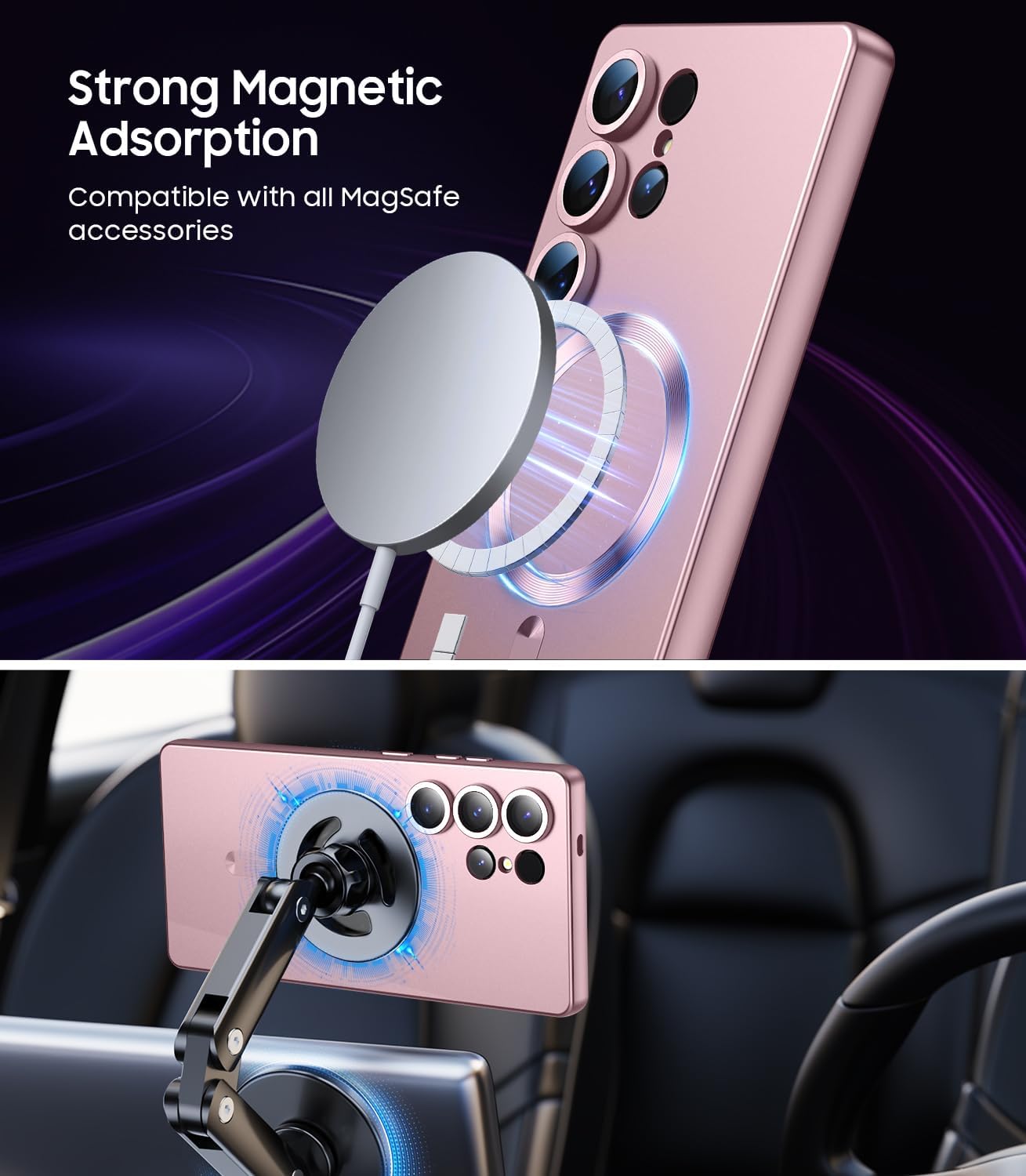 Magnetic for Samsung Galaxy S25 Ultra Case [Compatible with MagSafe][Built-in Camera Lens Protector] Slim Soft Silicone Bumper Shockproof Metallic Luster Phone Shell (Rose Gold)