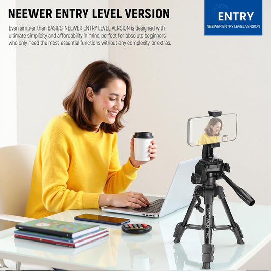 NEEWER Entry Level Version Mini Desk Phone Tripod Compatible with iPhone for Video Recording, Small Compact Table Top DSLR Camera Camcorder Webcam Stand, 3 Way Pan Tilt Head & Cell Phone Holder, TP52
