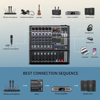Audio Mixer, TKLBLS Professional 8 Channel DJ Mixer Board with 99-Bit DSP, Sound Board Mixing Console 7-Band EQ Output, USB Audio Interface, Bluetooth 48V Phantom Power For Karaoke Studio Streaming
