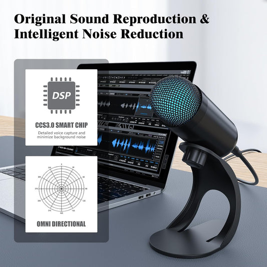 LIANGSTAR USB Computer Microphone, Podcast Mic Desktop with Mute Button for Recording Streaming, Color Change, Omnidirectional Condenser, Plug and Play with Stand for PC, Laptop, Mac, YouTube
