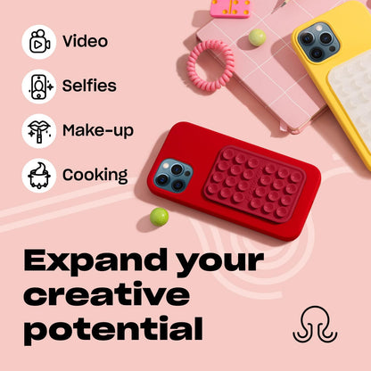 Classic - Silicone Suction Phone Case Adhesive Mount - Hands-Free, Strong Grip Holder for Selfies & Videos - iPhone & Android Compatible - 2.25″ x 3.25″, RED