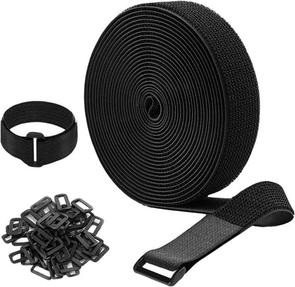 26ft 1.5 Inch Wide Cable Straps, Jumpso Adjustable Fastening Hook and Loop Straps with 20 Buckles, Reusable Nylon Cut-to-Length Cinch Straps for Organizer or Storage, Black