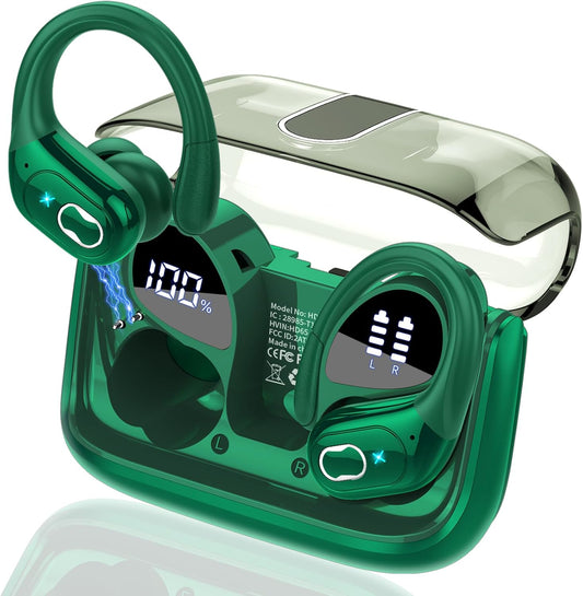 Wireless Earbuds 75hrs Bluetooth 5.4 Headphone Sport, 2025 Bluetooth Earbuds Stereo Deep Bass Over Ear Bud with Earhooks, ENC Noise Cancelling Mic, IPX7 Waterproof Earphone, Dark Green