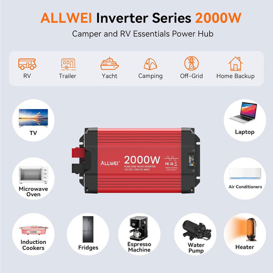 ALLWEI 2000W Pure Sine Wave Inverter 12V DC to 110V/120V AC Converter, Surge 4000W, 2 AC Sockets, LCD Display, Power Inverters for Vehicles, RV Truck Home Solar & Off-Grid Inverter, Remote Controller
