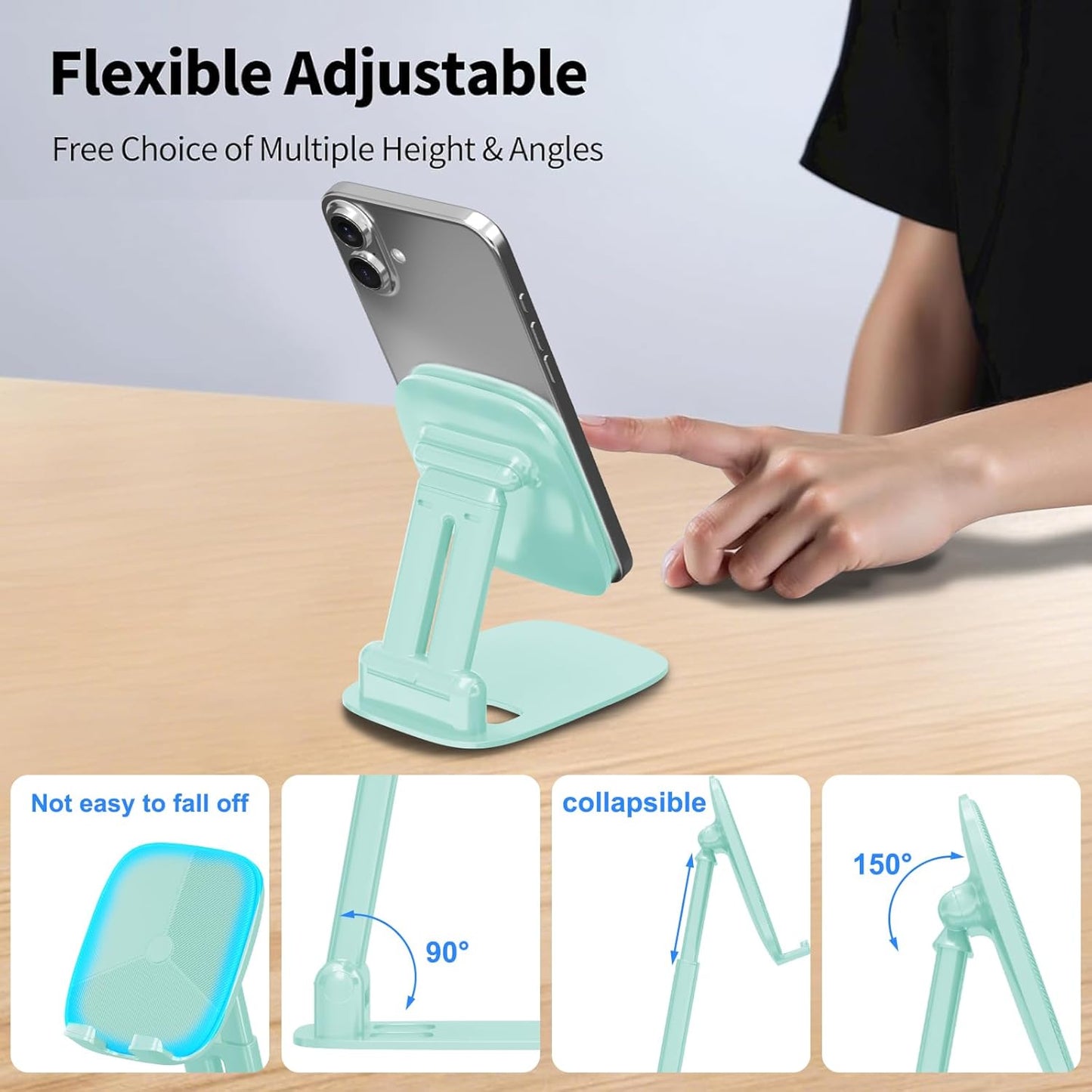 DEERLAMN Cell Phone Stand for Desk,Height Adjustable Cell Phone Holder Portable Desktop Stand, Travel Home Office Desk Accessories Compatible with iPhone 16/15/14/13/12/11 All Smartphone - Light Green