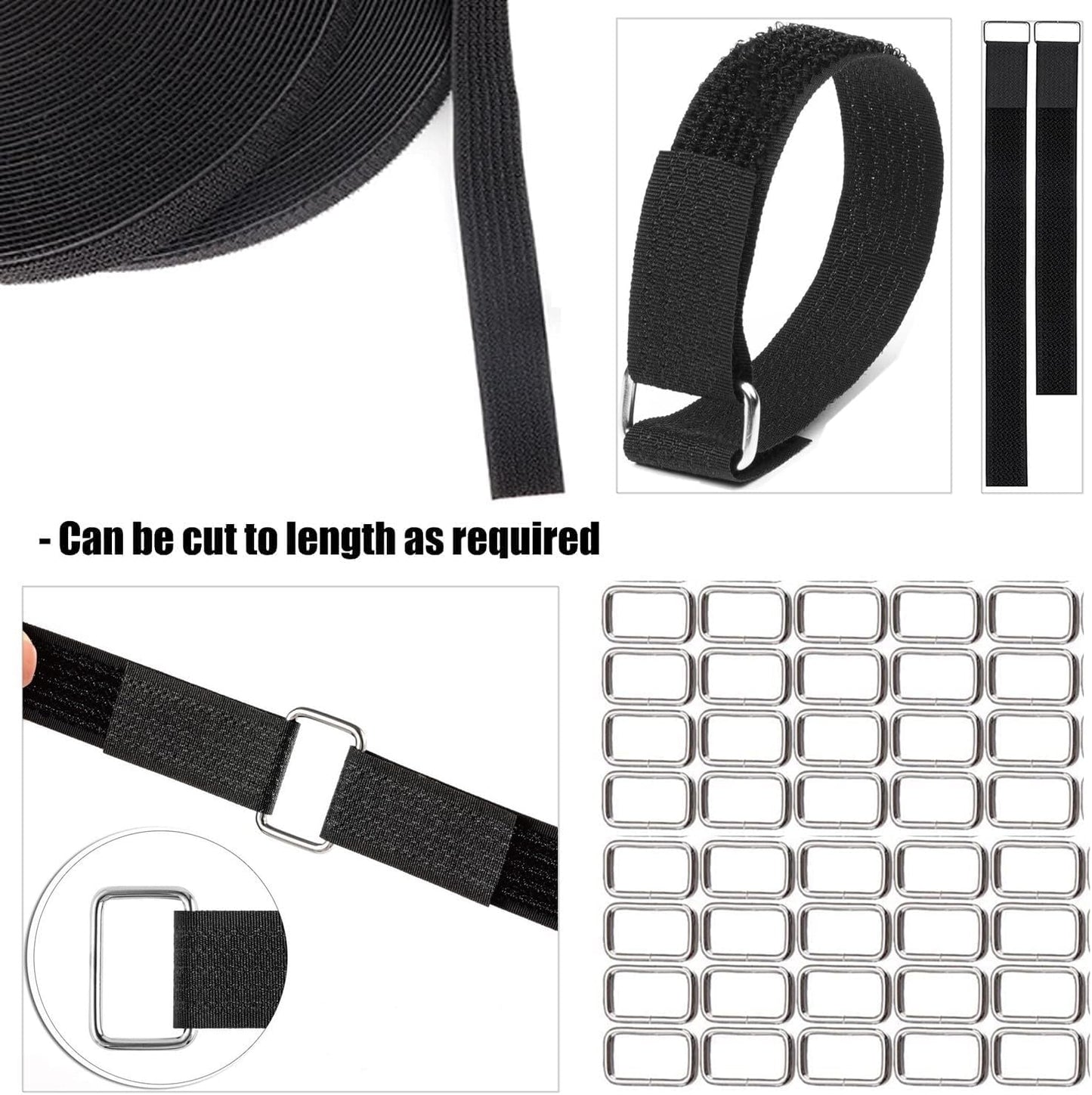2 Rolls 32.2ft 1 Inch Wide Cable Ties, Jumpso Adjustable Fastening Zip Ties Hook and Loop Straps with 40 Metal Buckles, Reusable Nylon Cinch Straps for Organizer, Black