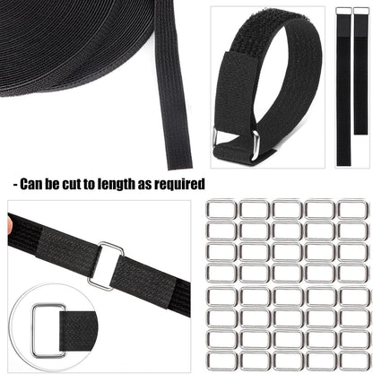 2 Rolls 32.2ft 1 Inch Wide Cable Ties, Jumpso Adjustable Fastening Zip Ties Hook and Loop Straps with 40 Metal Buckles, Reusable Nylon Cinch Straps for Organizer, Black