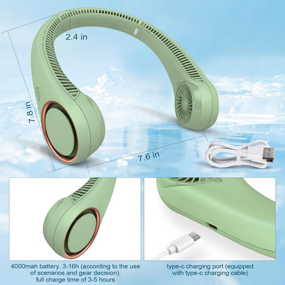CIVPOWER Neck Fan: Portable Personal Neck Cooling Rechargeable Bladeless Fan - Hands Free 3 Speed 4000 mAh Battery USB Operated Wearable Headphone Design - for Men Women Outdoor Indoor (Light Green)