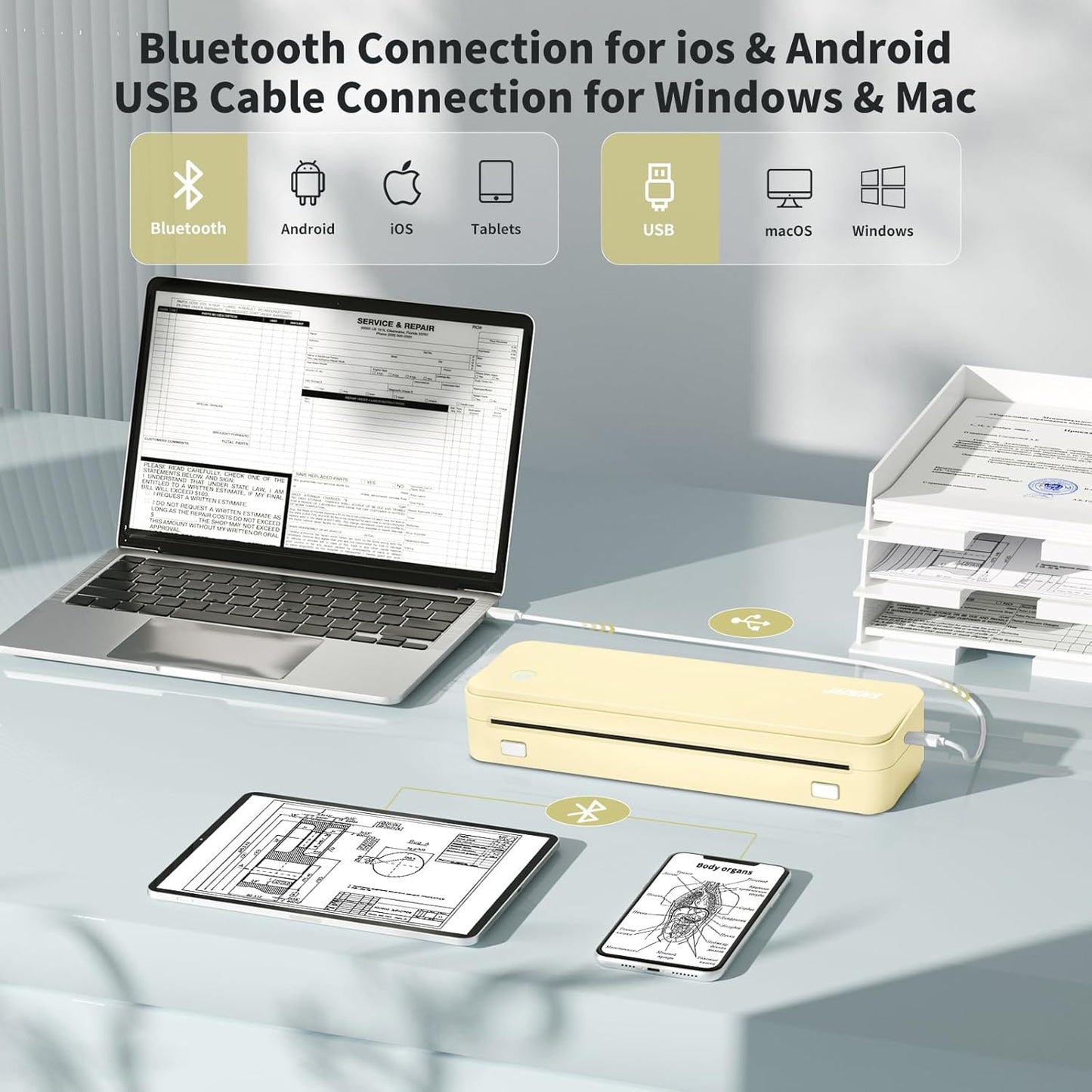 JADENS Portable Printers Wireless for Travel, Thermal Inkless Printer, Support 8.5" X 11" Thermal Paper(Yellow)