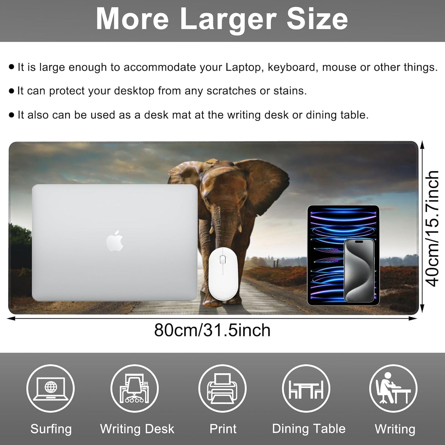 Mouse Pad, Large Walking Elephant Desk Mat, Extended Non-Slip Gaming Keyboard Mousepad Desk Pad, Thick Stitched Edges Waterproof Mouse Mat 31.5"x15.7" (Beautiful Natural Landscape)