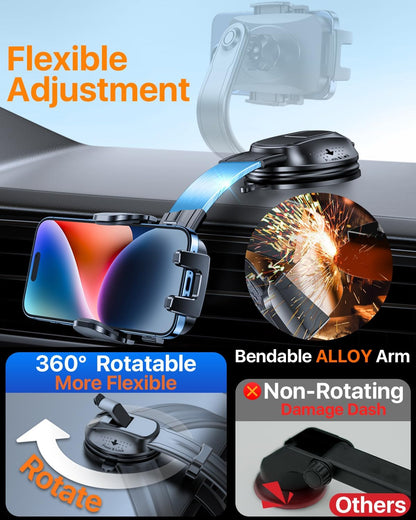 HTU Upgraded Strongest Suction Car Phone Holder Bendable Arm, Never Block View Rotatable Cellphone Mount for Dashboard Windshield Vent, Cradle Stand for iPhone 16 15 14 13 12 Pro Max (Red)