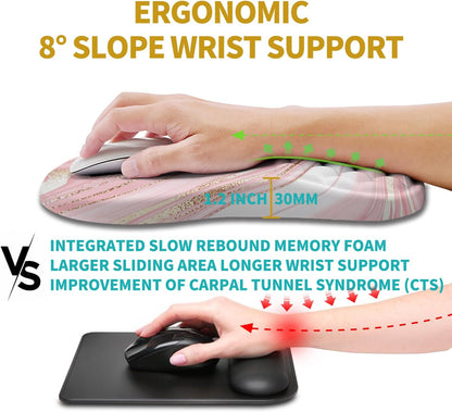 Hokafenle Ergonomic Mouse Pad Wrist Support, Wrist Rest Mousepad for Carpal Tunnel Pain Relief with Integrated Memory Foam Slope Massage Bulge (11.8x7.9 inch,Pink Fluid