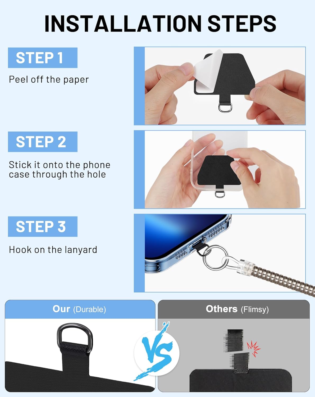 Phone Tether Lanyard, SHANSHUI Strong Spring Rope Climbing Hook, 4x Phone Tether Tabs Free Your Hand Anti Theft Phone Strap for All Smartphones for Outdoor Cycling Climbing Skiing Hiking - 2PCS Sliver