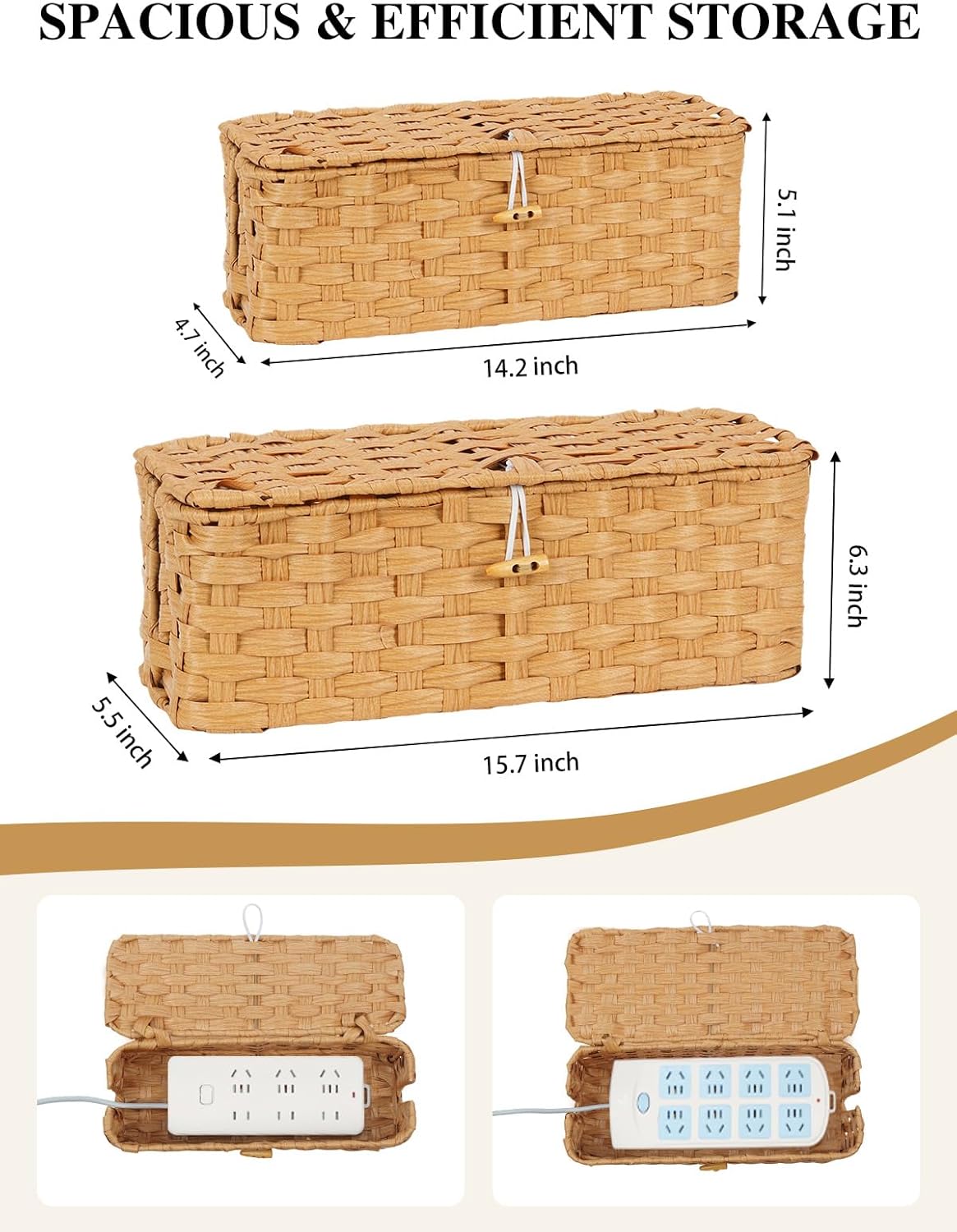 Temary Cable Management Box with Lids, 2-Pack Handmade Cable Organizer Boxes for Home, Office to Hide Cords and Power Strip, Cord Cover Floor Hider Set Woven Rattan Cable Organizer Box