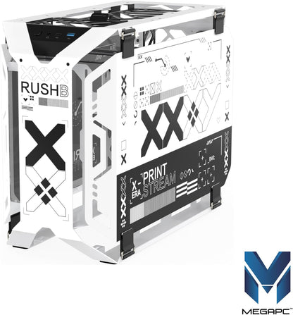 MegaPC X-Era Open-Frame Mid-Tower Micro-ATX/Mini-ITX Gaming Case – Tempered Glass Panels, High Airflow, ARGB Lighting, USB-C Port (Black/White/Print Stream, with Fans Only)