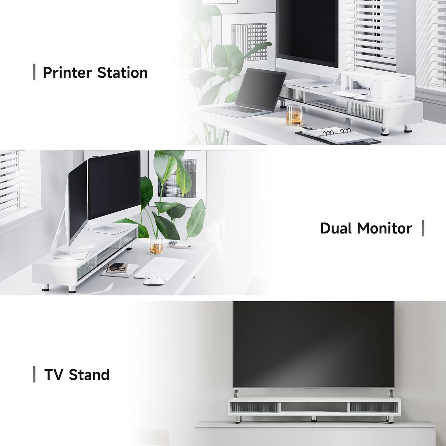 Fenge Dual Monitor Stand, 42.5inch Long Monitor Stands Riser for 2 Monitors, Sliding Door with Storage Organizer Stand for Desk, 2 Tier Desk Shelf for Laptop, Pc, Printer, Computer, TV