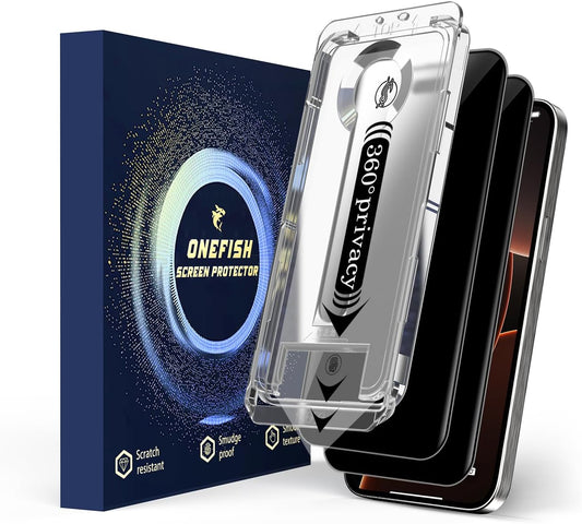 OneFish 2 Pack Privacy Screen Protector for iPhone 14 Pro Max - 4-Way 360° Anti-Spy Tempered Glass, 9H Hardness, 3D Curved Edges, Case-Friendly & Easy Installation
