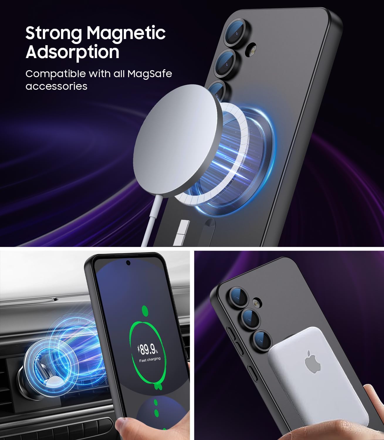 Magnetic for Samsung Galaxy S24 FE Case [Compatible with MagSafe][Built-in Camera Lens Protector] Slim Soft Silicone Bumper Shockproof Metallic Luster Phone Cover (Black)