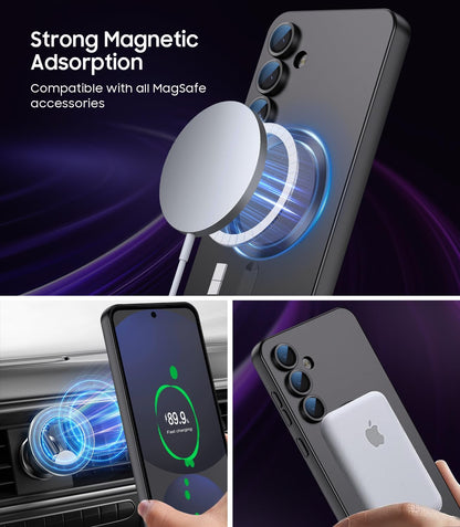 Magnetic for Samsung Galaxy S24 FE Case [Compatible with MagSafe][Built-in Camera Lens Protector] Slim Soft Silicone Bumper Shockproof Metallic Luster Phone Cover (Black)