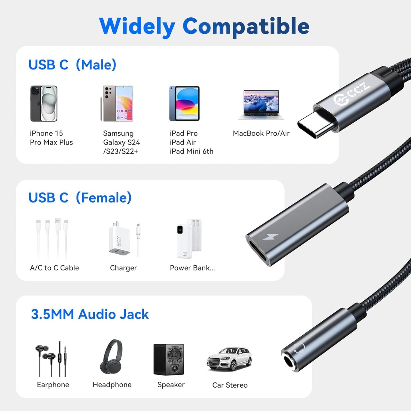 2PCS USB C Splitter for KZ ZS10 PRO, CCZ CA01 USB C to 3.5mm Audio Headphone and Charger Adapter, Type C Headphone Splitter 1 in 2 Out, Dongle Audio Cable DAC for Samsung Galaxy S25/S24 (USBC-3.5MM)