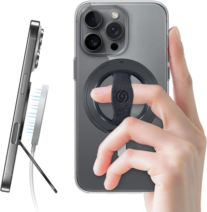 EWA MagOne 3rd Gen [Compatible with MagSafe] Phone Grip Stand with Finger Strap, Removable Magnetic Ring Holder Kickstand Loop for iPhone 16,15, 14, 13, 12 Series-(Black)