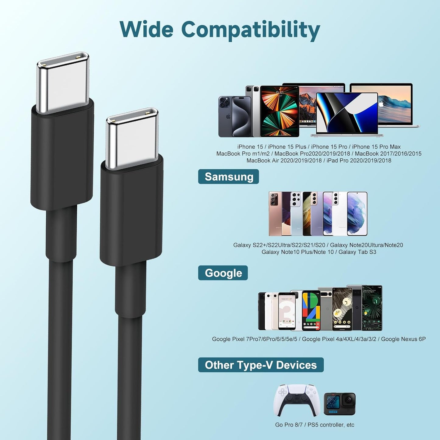 [3+6+10FT] 60W USB C to C Cable 3Pack iPhone 15 Fast Charging Cable,USB-C to USBC Power Cord for iPhone 15/15 Pro/15 Plus/15 Pro Max,MacBook Pro Air/IPad Air 4/5/iPad Pro 12.9/11(Black)